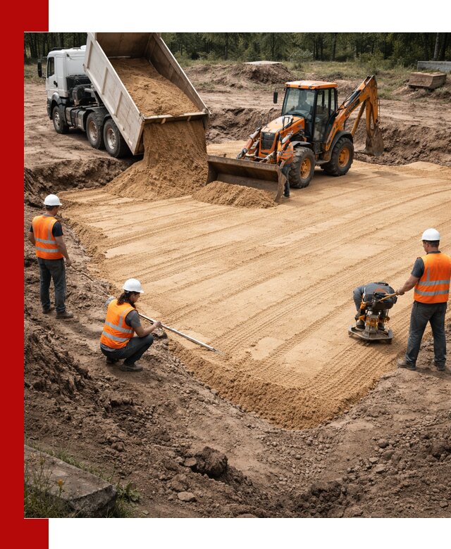 Устройство песчаной подушки для фундаментов и дорог в Елизове